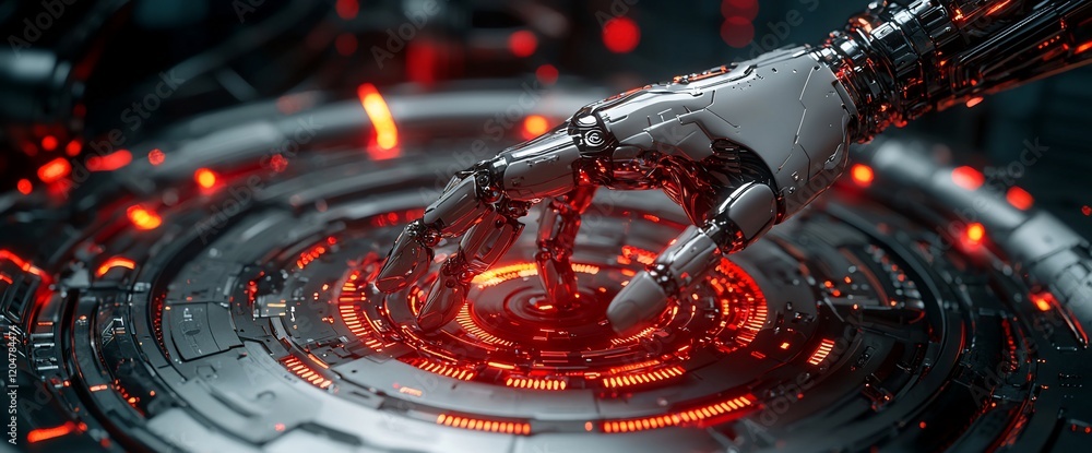 Poster robotic hand activating futuristic interface.