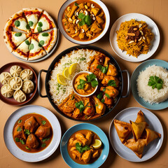 Variety of Indian food, different dishes and snacks on white rustic background. Pilaf, butter chicken curry, rice, palak paneer, chicken tikka, dal soup,
