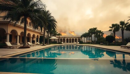 cityscape of the Los Angeles skyline fiery red & orange sky, depicting wildfire event in Los Angeles, wildfire poster, news, web headers Forest wildfire trees & city burning background generative ai