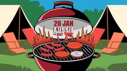 Happy Australia Day poster design for 26th January, A red and white barbecue grill with the text 26 JANUARY Aussie Day, banner, poster for website header for Independence Day, created generative ai
