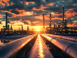 Industrial Refinery Complex with Pipelines at Sunset