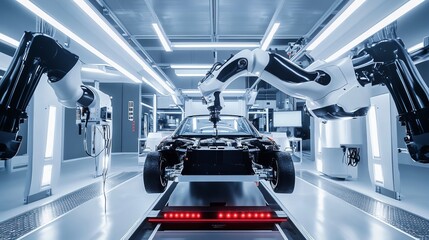 A robot performing intricate mechanical repairs in a futuristic automotive service center with advanced diagnostic tools, clean and modern environment, Automotive-tech style