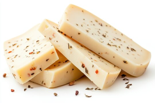 Profile of multiple pepper jack cheese slices on a white background