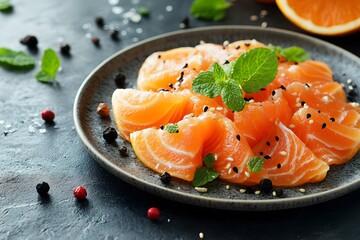 Sliced Salmon Dish with Sesame Seeds and Mint