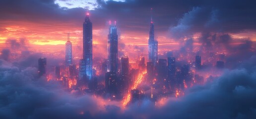 Obraz premium Futuristic Cyberpunk City Skyline at Night with Neon Lights and Skyscrapers in Dramatic Low-Angle Perspective