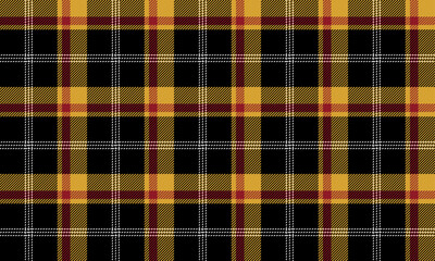 Seamless plaid pattern, black, yellow, red, white, for designing clothes, skirts, blankets, tablecloths, or decorative fabrics, vector illustration.