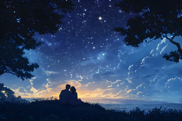 Whispering Stars: A Couple's Tranquil Retreat on an Enchanted Hilltop Under the Night Sky
