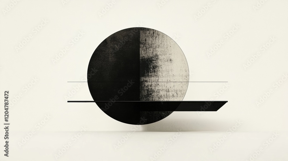 Poster abstract geometric design featuring a black and white circle with horizontal line elements in a mini