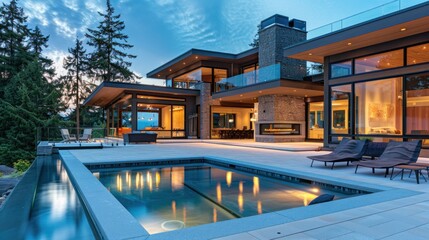 Fototapeta premium Luxury modern house with pool view, AI generated image