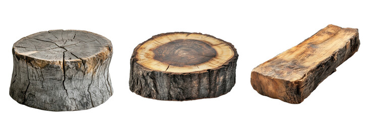Rustic Wooden Log Slices Tree Stump Cross Sections Natural Wood Textures Crafts Design Elements on transparent background