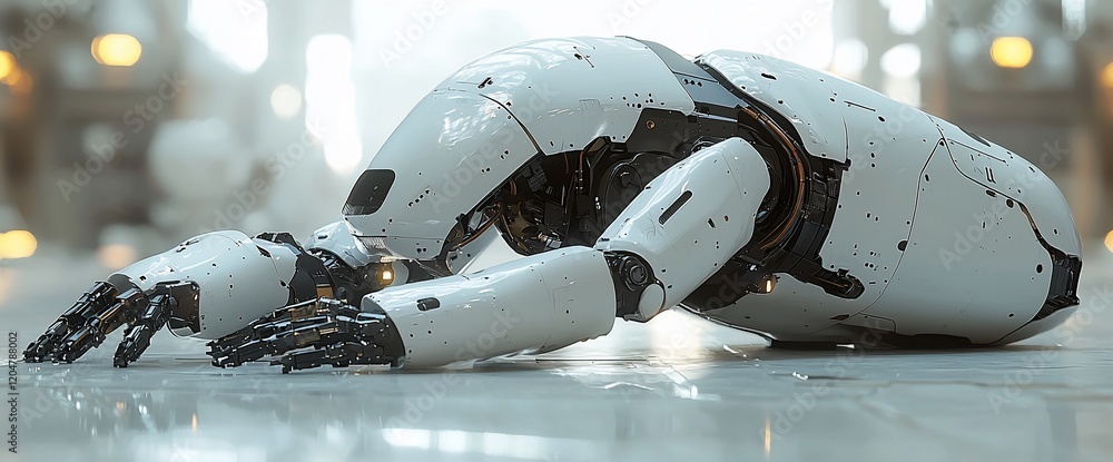 Poster fallen robot in futuristic setting.