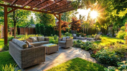 Obraz premium Modern comfy seating under a chic wooden pergola on a stylish patio.