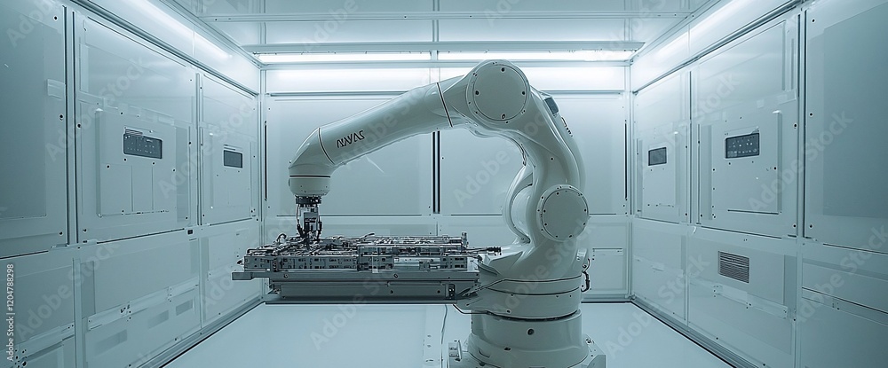 Poster Robotic arm in a cleanroom, performing automated precision tasks.