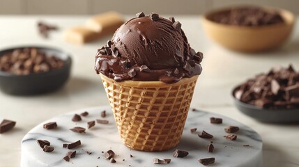 Dark Chocolate Ice Cream Scoop in Waffle Cone on Marble Surface
