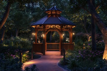 Subtle lighting surrounds a gazebo in this private evening sanctuary.