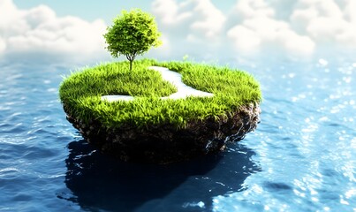 Serene floating island with tree and path.