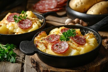 Savory Swiss melted raclette served in small pans with diced potatoes and salami