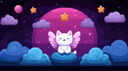 A cute winged cat sits on clouds against a vibrant cosmic background with stars and planets, embodying a whimsical, dreamlike atmosphere.