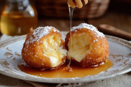 Seada with honey is a traditional fried dessert from Sardinia filled with melted pecorino cheese part of Italian cuisine