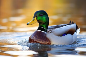 Season for hunting wild ducks they are swimming in the lake