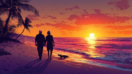 Fototapeta premium Happy senior man and woman old retired couple walking a beach at sunset