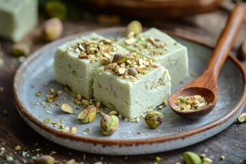 Serve pistachio halva on a plate with a wooden spoon and nuts