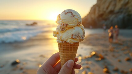Hand Holding Double Scoop Ice Cream Cone at Sunset on Beach