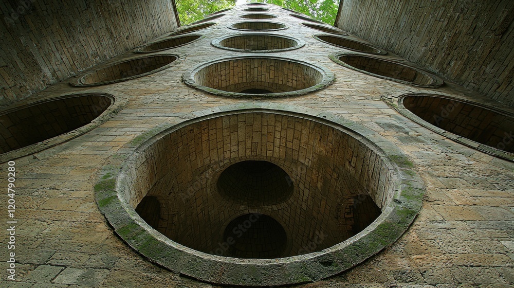 Poster the mysterious circular architecture: a low angle view of a stone structure with numerous circular o