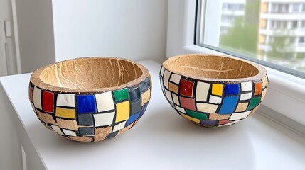 Obraz premium Colorful Coconut Shell Bowls Mosaic Decor Handmade Crafts