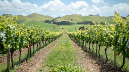 Lush Vineyard with Rows of Grape Vines Under Clear Blue Sky