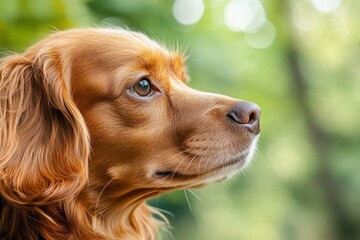 Side view of a Breton Spaniel hunting dog in a green forest looking sad and alert in close up
