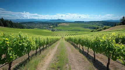 Fototapeta premium Scenic Lush Vineyard with Rows of Grape Vines on Sunny Day