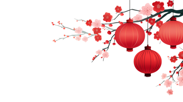 Red Lanterns and Cherry Blossoms Festive Asian New Year Design Element