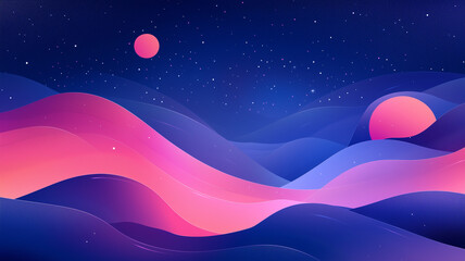 Fototapeta premium layered abstract design features bold blue gradients with pink waves, creating dreamy landscape under starry night sky. composition evokes sense of tranquility and wonder