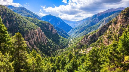 Obraz premium Mountain valley landscape, scenic view, summer, travel, adventure, nature, panorama, tourism, postcard, pine trees