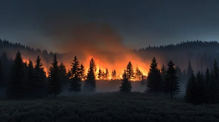 Wandcirkels Mistig bos Wildfire Blazing in Maribou Forests at Night  © tunanon