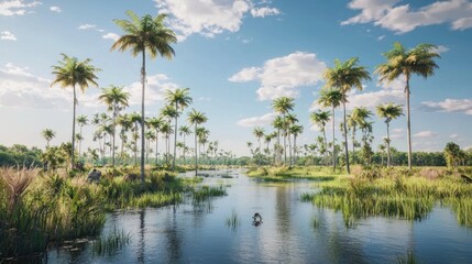 Obraz premium Tropical River, Palm Trees, Sunny Day, Bird, Wetland