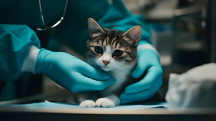 A veterinarian giving a rescued cat a check-up