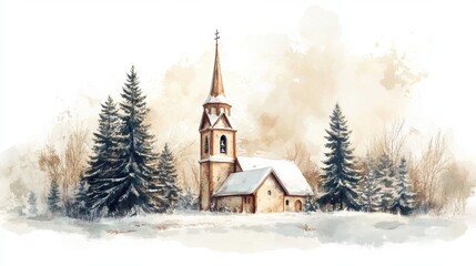 Church and winter forest covered by heavy snow.
