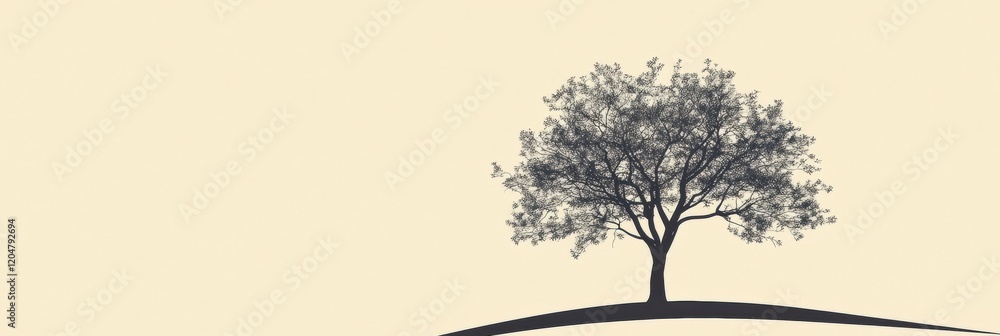 Poster lonely tree standing on a gentle hill against a light background during sunset. generative ai