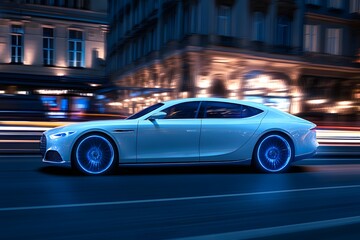 White Sedan Driving at Night with Illuminated Wheels