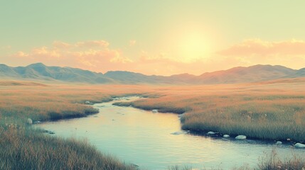 Fototapeta premium Serene Sunset Landscape with River