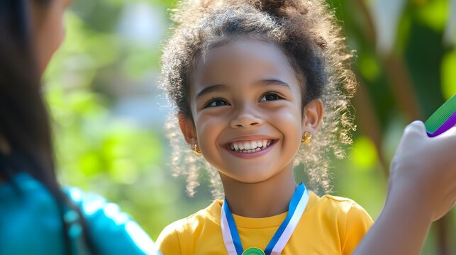 A happy young girl with curly hair smiles broadly while wearing a medal.  She's outdoors, possibly after a race or competition, receiving congratulations.