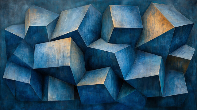 Geometric shapes in shades of blue create dynamic and modern composition. interplay of light and shadow adds depth, making it visually striking and engaging