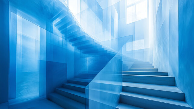 serene blue staircase with transparent walls creates calming atmosphere, inviting exploration and reflection in modern architectural space