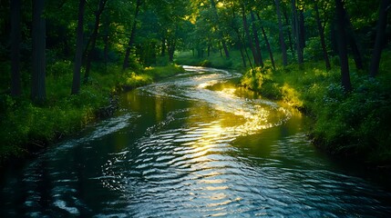 Obraz premium Serene River Flowing Through Lush Forest