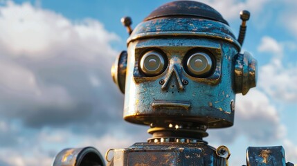 Fototapeta premium Retro Futuristic Mechanical Robot with Vintage Antique Accessories and Gadgets 3D Rendering of a Rusty Obsolete with Monocle Goggles and Headphones in a Steampunk Sci Fi Style