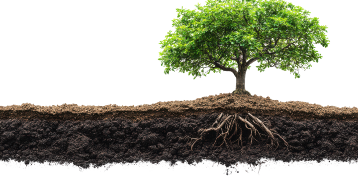 Lush Green Tree with Exposed Root System and Soil Layers Nature Photography on transparent background