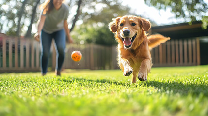 A person playing fetch with a dog in the backyard.