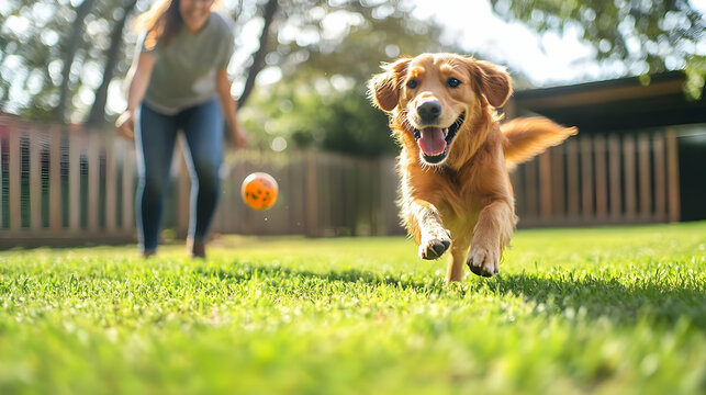 A person playing fetch with a dog in the backyard.